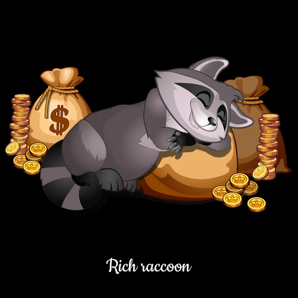 Waschbär schlafend auf Geldbeutel und sehr glücklich, Zeichentrickfigur auf schwarzem Hintergrund — Stockvektor