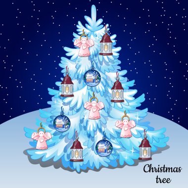 Oyuncaklar doğal bir arka plan ve yıldızlı gökyüzünün ile beyaz Noel ağacı