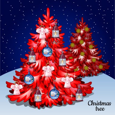 Yıldızlı gökyüzü üstünde toys ile iki kırmızı Noel ağacı