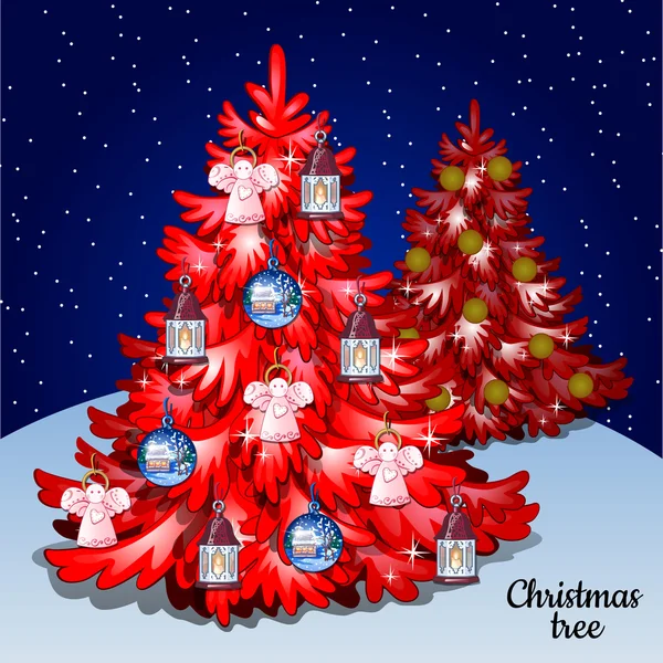 Yıldızlı gökyüzü üstünde toys ile iki kırmızı Noel ağacı — Stok Vektör