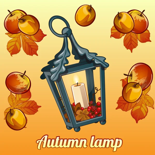 Jesień zestaw świeca posiadacza, liści i jabłka — Wektor stockowy
