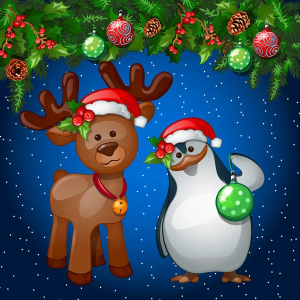 Tarjeta de Navidad con pingüino y un reno — Vector de stock