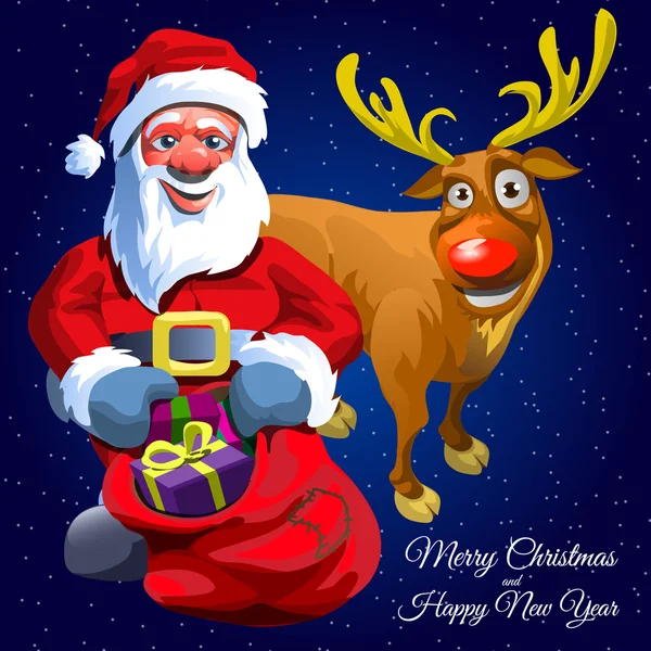 Papai Noel com saco de presente e veados engraçados de Natal — Vetor de Stock