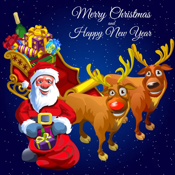 Santa Claus y dos ciervos con carro lleno de regalos — Archivo Imágenes Vectoriales