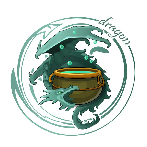 Spookachtige dragon bewaakt de ketel voor potion — Stockvector