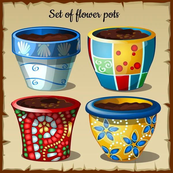Set of four pots in the most unusual colors — Stock Vector