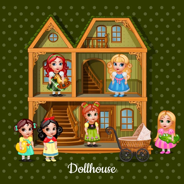 Moderna casa di bambole a tre piani con sei bambole — Vettoriale Stock