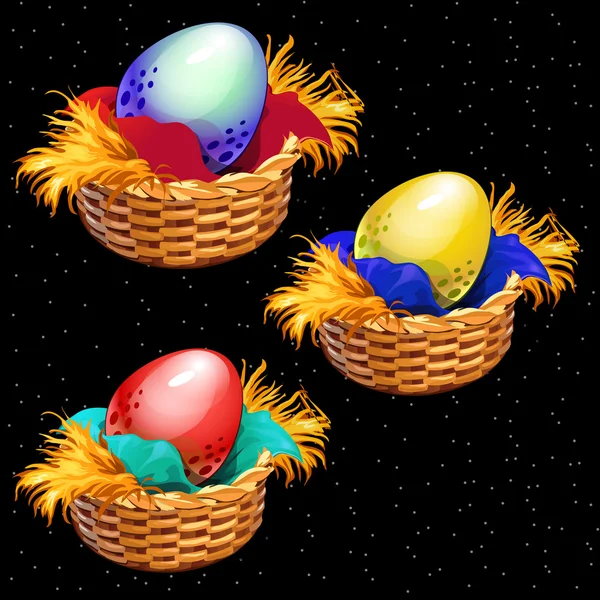 Drei farbige Eier in Großaufnahme in Strohkörben — Stockvektor