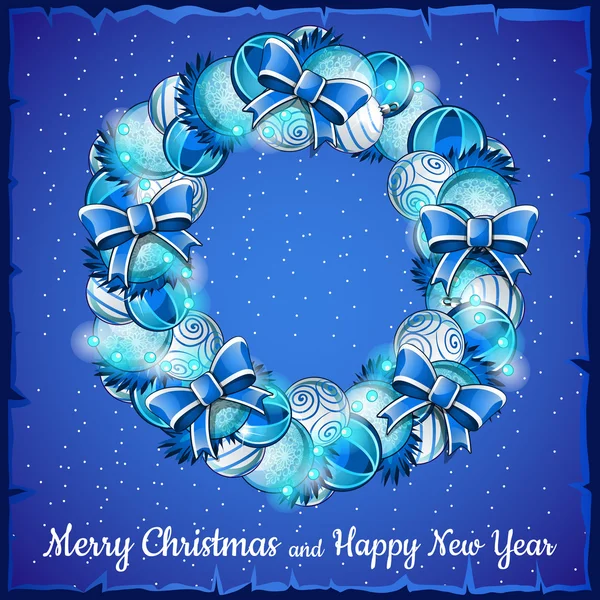 Corona de Navidad de bolas, una tarjeta de vacaciones en azul — Vector de stock