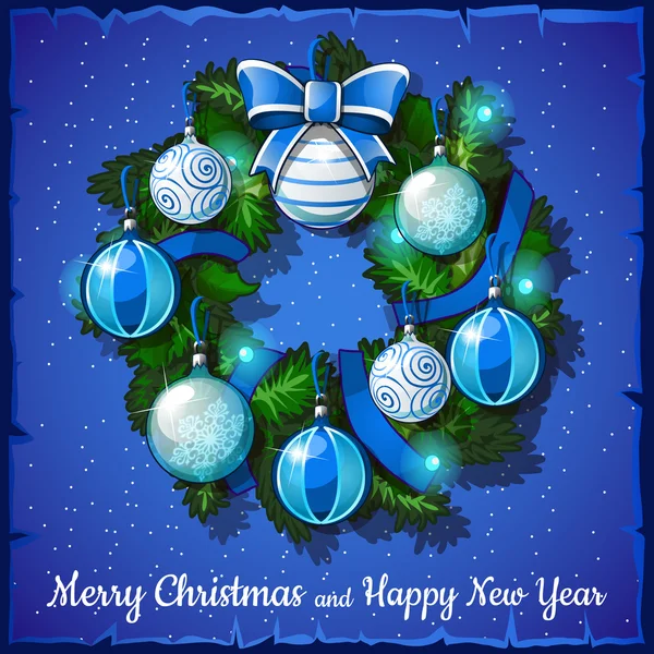 Christmas wreath with blue and white balls — Stock Vector