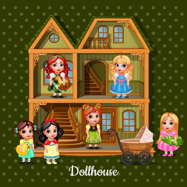 Modern three-storey dolls house with six dolls — Stock Illustration Modern three-storey dolls house with six dolls Royalty Free Stock Vectors