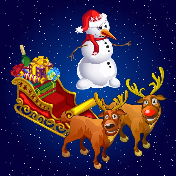 Bonhomme de neige et deux rennes avec traîneau à cadeaux — Image vectorielle