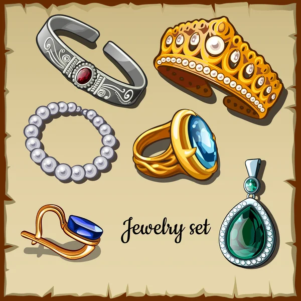 Juego de joyas hechas con postal, seis iconos — Vector de stock