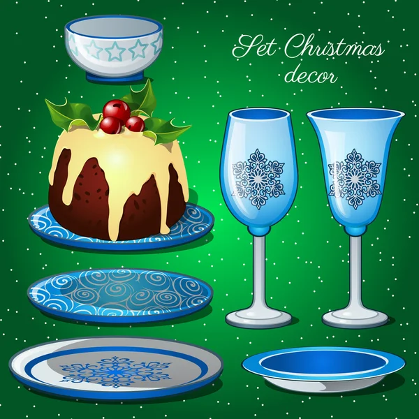 Tableware set with Christmas decor and cake — Stock Vector