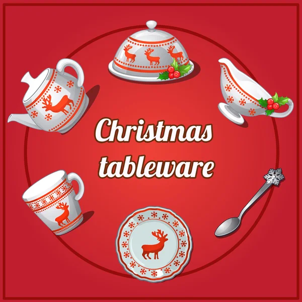 Christmas set of dishes, six different elements with reindeer — Stock Vector