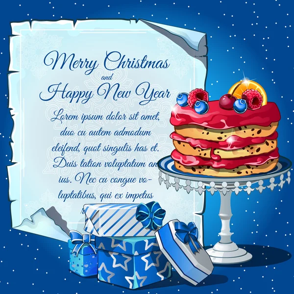 Pastel de Navidad, cajas de regalo y tarjeta de texto — Vector de stock