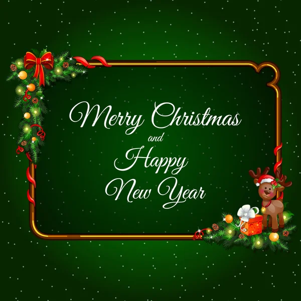 Cartão festivo com moldura dourada e decoração de Natal —  Vetores de Stock