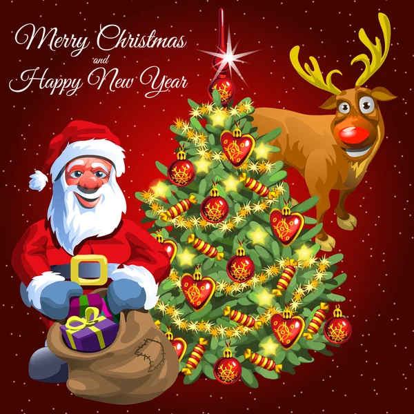 Bolso de regalo de Santa, árbol decorado y ciervo divertido — Archivo Imágenes Vectoriales