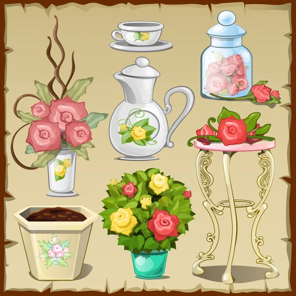 Gran juego de vajilla, muebles y flores — Vector de stock