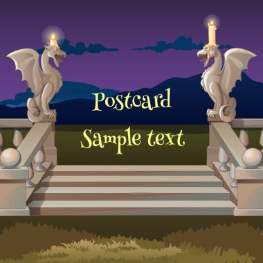 Thematic card with statues of gargoyles clipart