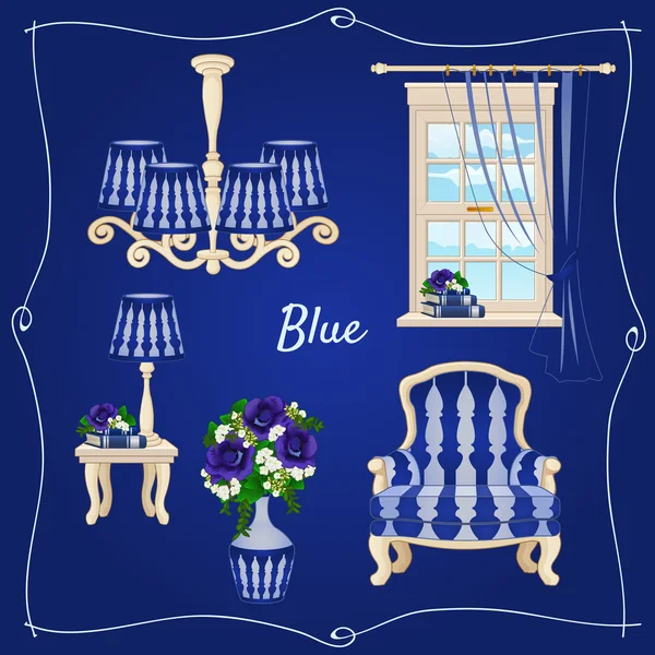 Ensemble de meubles classiques, cinq objets individuels en bleu — Image vectorielle
