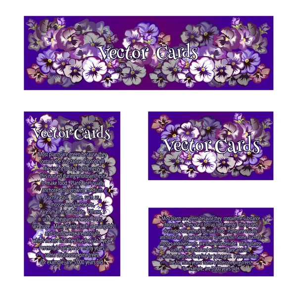 Conjunto de cuatro cartas con la imagen de flores púrpuras — Archivo Imágenes Vectoriales