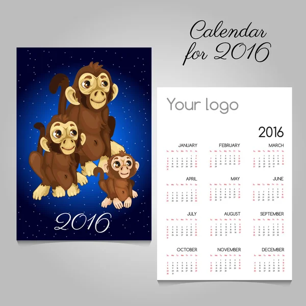 Two-sided calendar with symbol of the year monkeys — Stock Vector