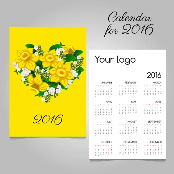 Calendario con mazzo di fiori a forma di cuore — Vettoriale Stock