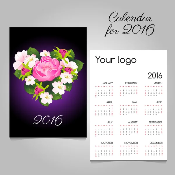 Calendario elegante 2016 con bouquet a forma di cuore — Vettoriale Stock