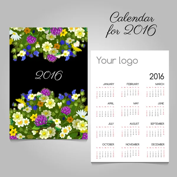 Calendar for 2016 with images of wildflowers — Stock Vector