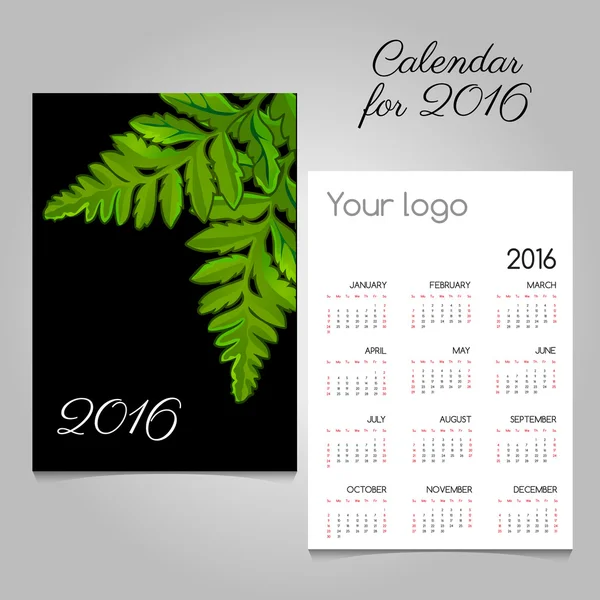 Calendario vettoriale nero con decorazione di foglie verdi — Vettoriale Stock