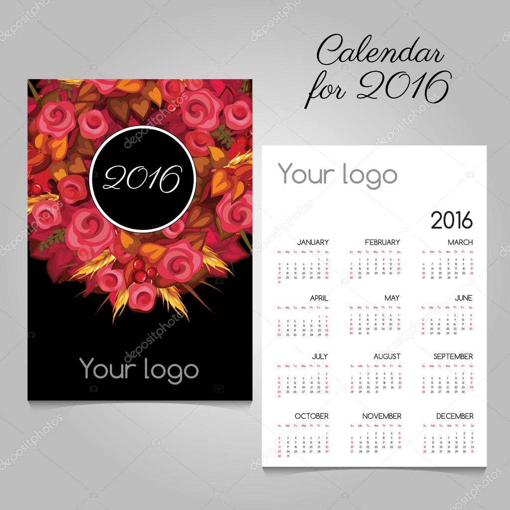 Calendar 2016 with pink roses, space for logo