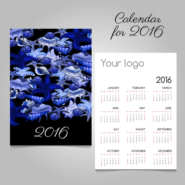 Kalendář 2016 s mořské lifeand prostor pro logo — Stockový vektor