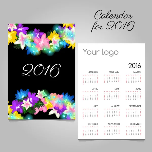 Calendario 2016 con un disegnato fiori colorati — Vettoriale Stock