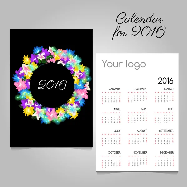 Calendario 2016 con una corona di fiori colorati — Vettoriale Stock