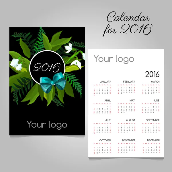 Calendario stilizzato 2016 con fiori e fiocco — Vettoriale Stock
