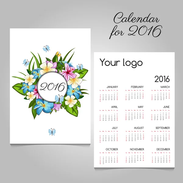 Calendar 2016 with floral ornament and butterflies — Stock Vector