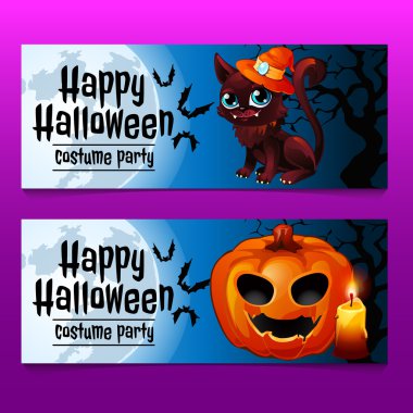 İki yatay eğlenceli kart kedi ve kabak ile