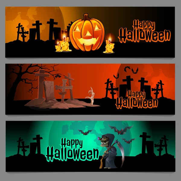 Tres cartas horizontales, cementerio en Halloween — Vector de stock