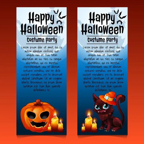 Dos felices tarjetas de Halloween con gato y calabaza — Vector de stock