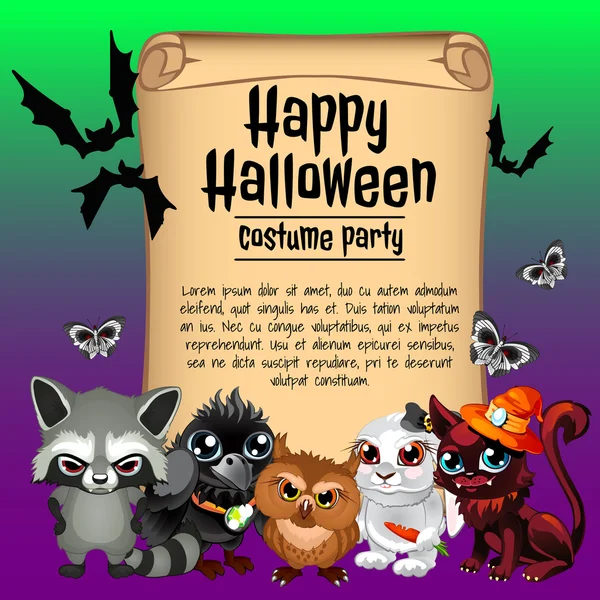 Habitantes del bosque y tarjeta feliz Halloween — Vector de stock