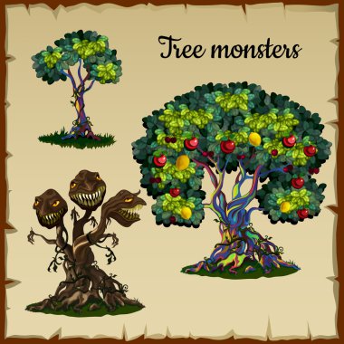 Set of trees and tree monster with dragon heads clipart