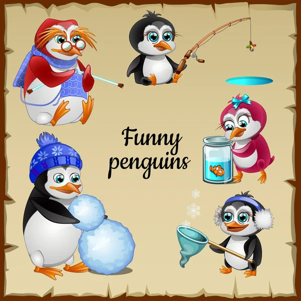 Conjunto de cinco pinguins engraçados com seu hobby —  Vetores de Stock