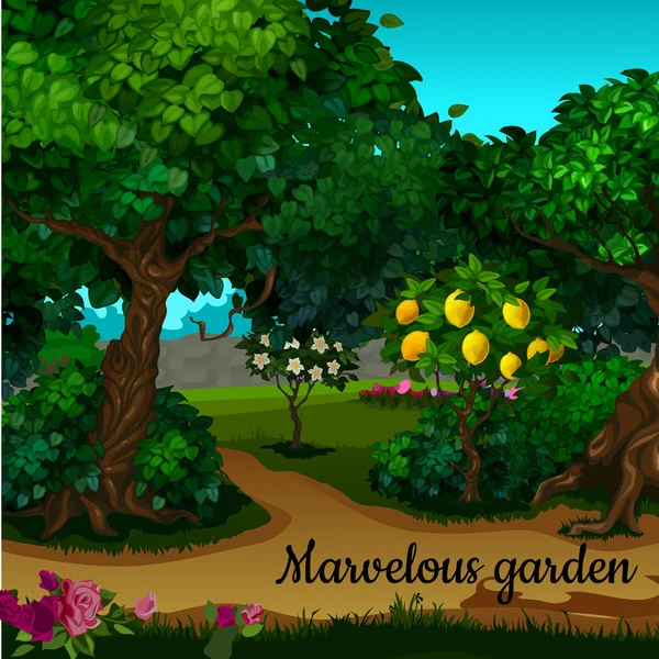The garden with citrus tree and green trees — Stock Vector