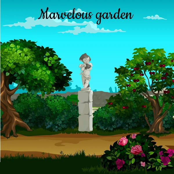 Jardín mágico con árboles florecientes y estatua — Vector de stock