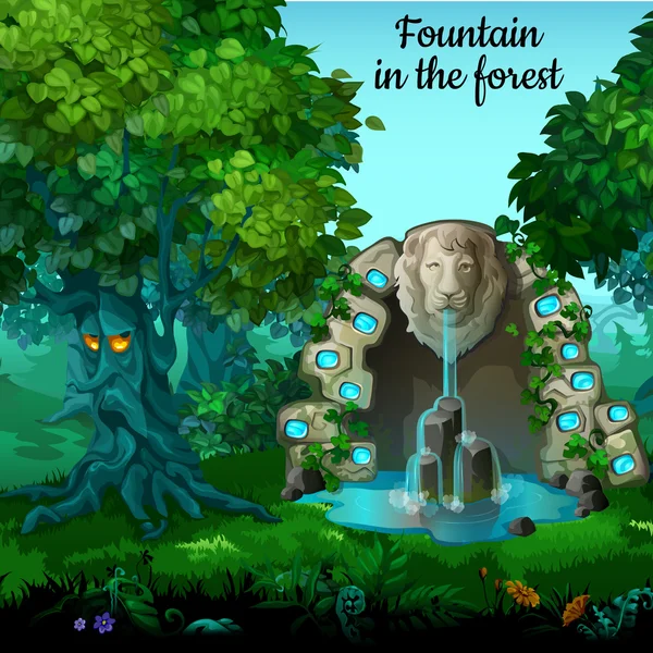 神秘花园，喷泉与狮子的脑袋 — 图库矢量图片