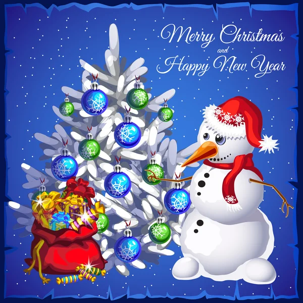 Bonhomme de neige avec arbre et sac rouge avec cadeaux — Image vectorielle