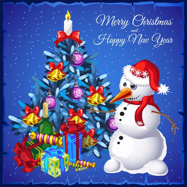 Schneemann mit Weihnachtsbaum und Geschenken — Stockvektor