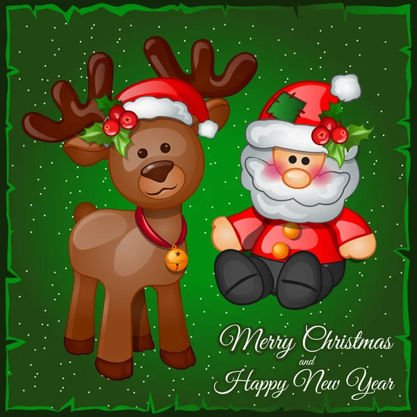 Deer and Santa in a green background — Stock Vector