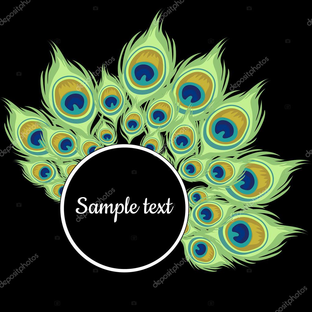 Round frame with green peacock feathers and text